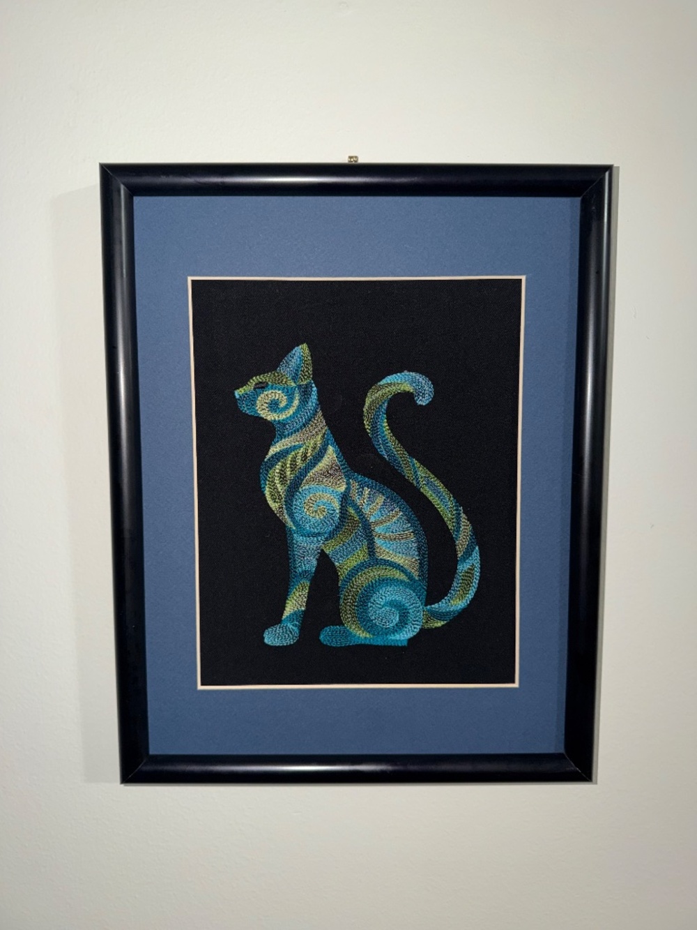Homemade Blue & Green Cat Embroidery Art 11X14